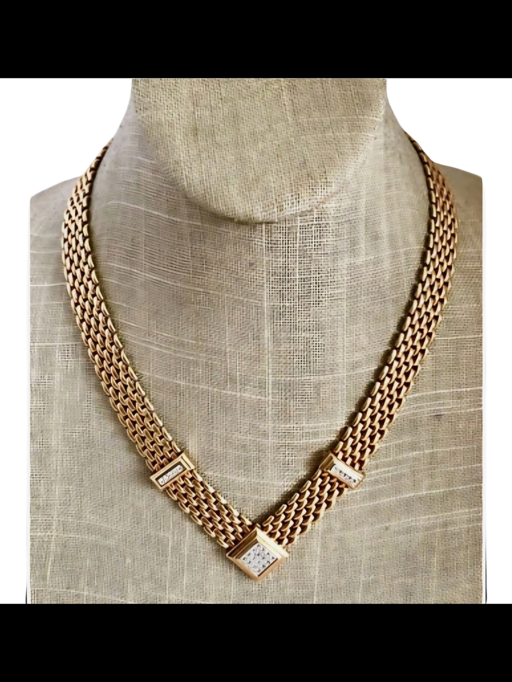 Vintage AVON Chain Design V Shape Pave Rhinestone Push Lock Gold Tone Necklace